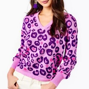 Lilly Pulitzer Jasmina Pink Purple Lavender Cosmos Don’t Be A Cheetah Sweater  L